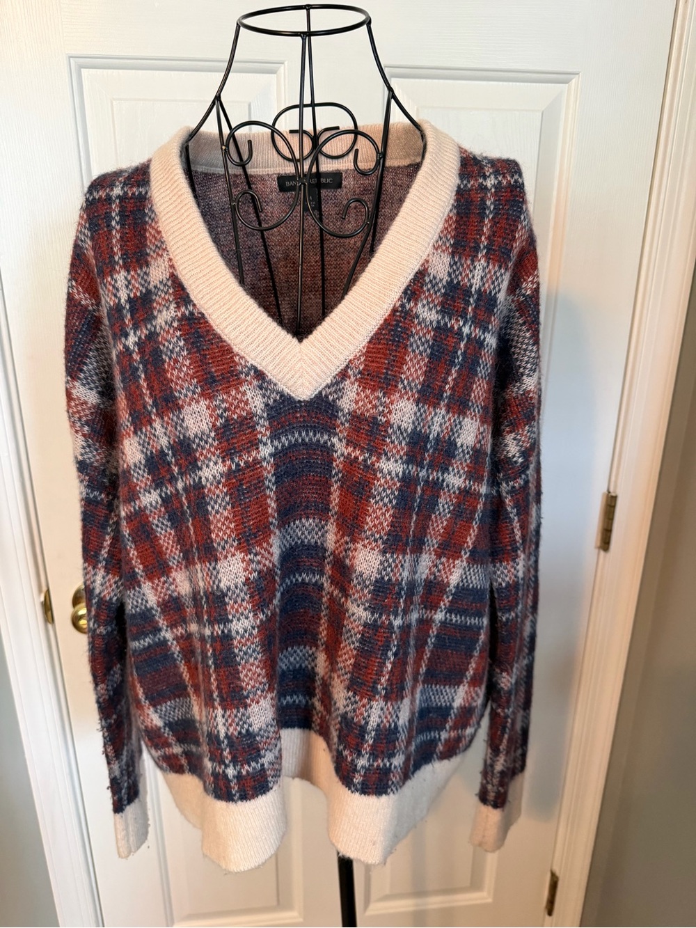Banana Republic Plaid V‑Neck Sweater in Rust, Navy & Cream